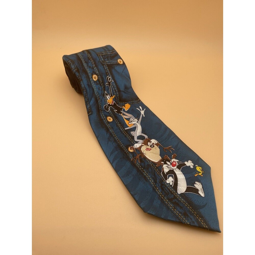 Vintage 1997 Looney Tunes Silk Tie Bugs Bunny Daffy Duck Denim Print Hand Made